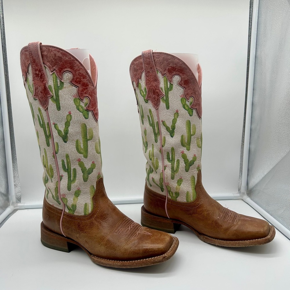 Ariat Fonda Women Cactus Print Leather Boots Wide Square Toe Brown Pink Size 8B - Picture 3 of 13